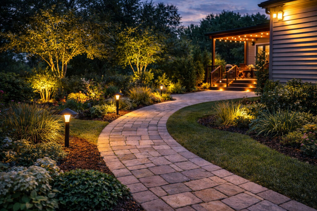 outdoor living 2 Backyard outdoor lighting design with LED pathway lights, illuminated landscaping, and warm patio lighting at night