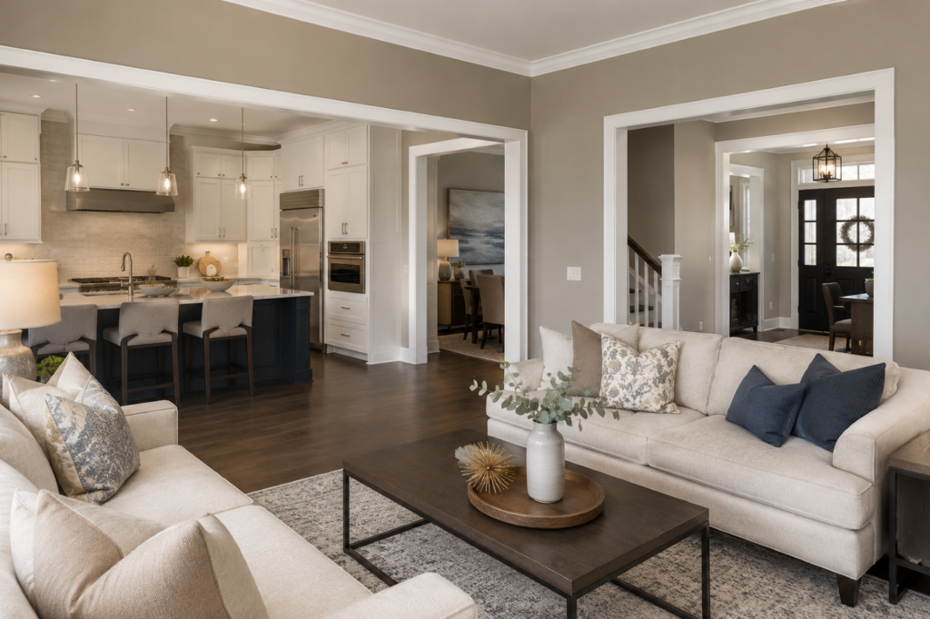 Modern luxury living room with elegant neutral paint colors that make a home look more expensive.